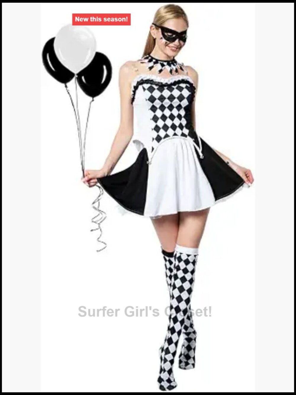 Sexy Women Harlequin Circus Clown Costume Halloween Outfit with Mask Neck Ring